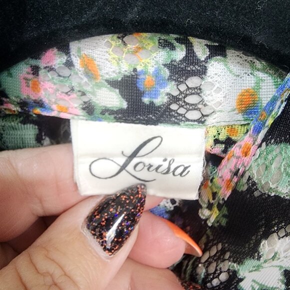 Vtg Lorisa Sheer Blouse Black Multi-Color Floral Print 1970s Button Up Top - Picture 4 of 9